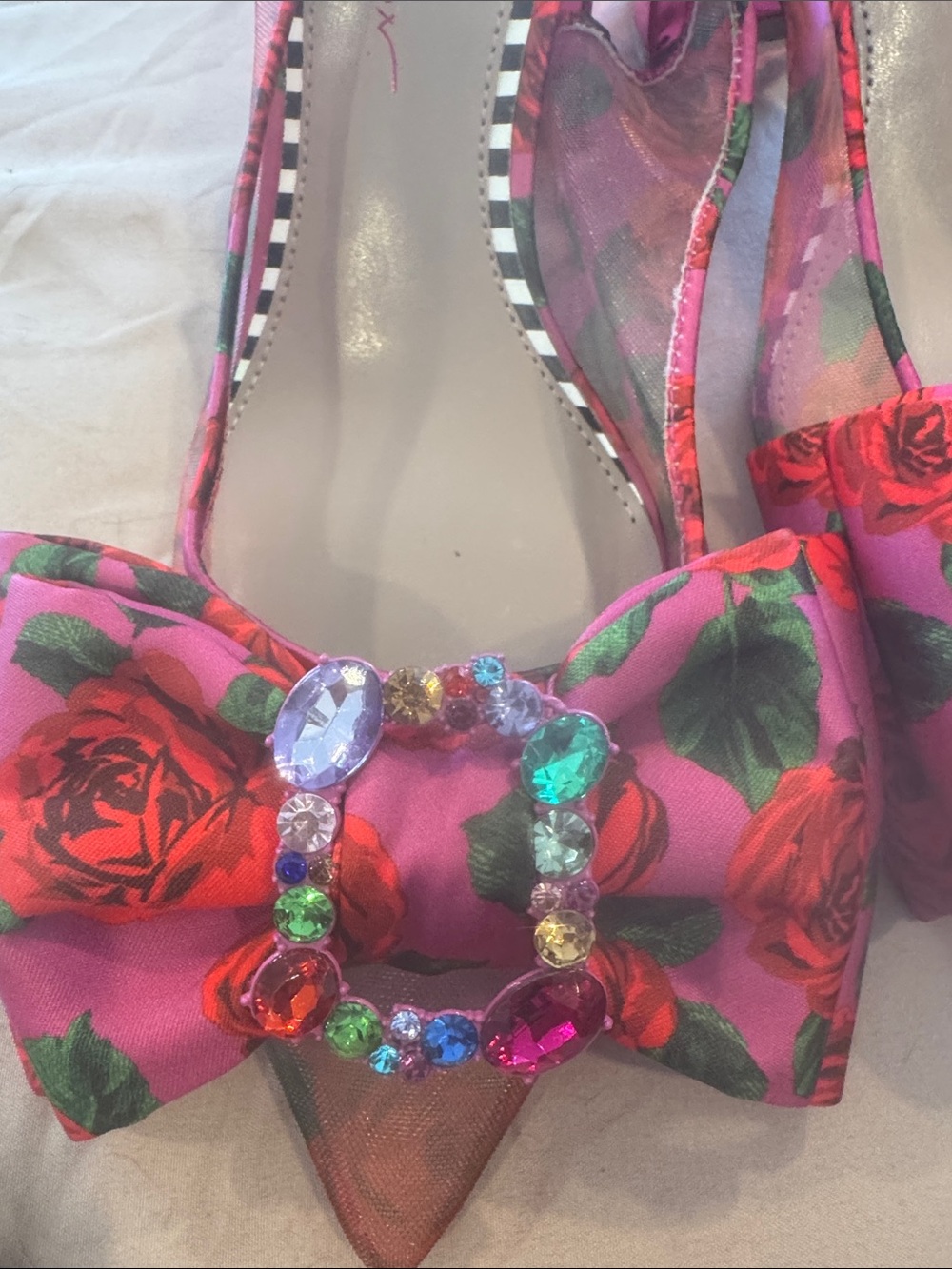 Betsey Johnson Pink Floral Pointed Toe Slingback Heels with Gem Bow - Picture 2 of 4